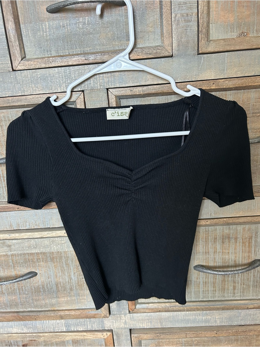 C'ise Black Ribbed Short Sleeve Ruched Front Top